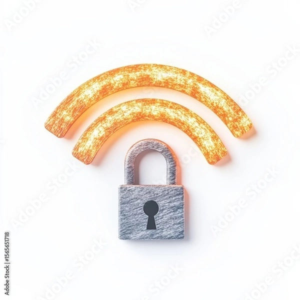 Fototapeta A metallic padlock beneath two textured, orange Wi-Fi signal arcs symbolizing secured wireless network or internet security.