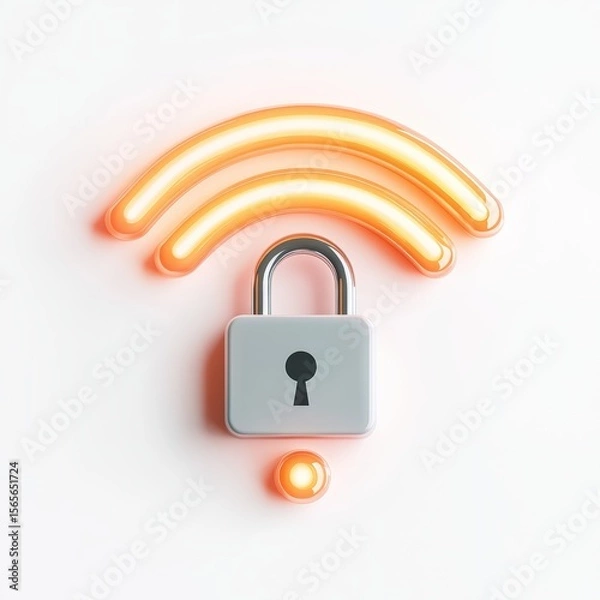 Fototapeta A glowing orange Wi-Fi symbol with a padlock icon, symbolizing secure wireless internet or protected network access.
