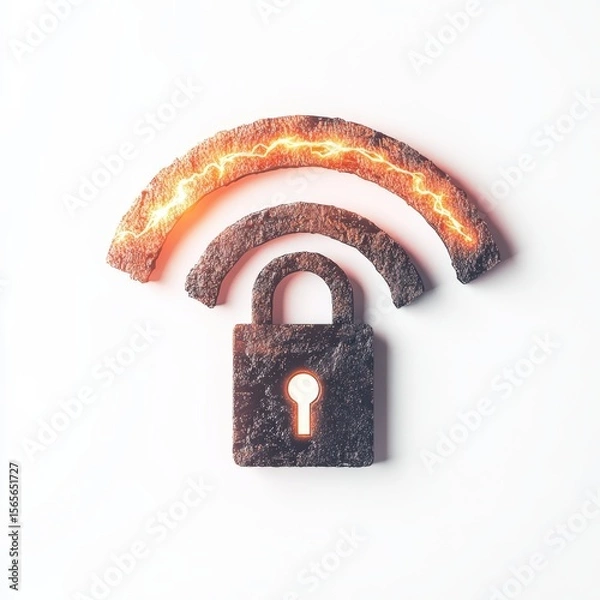 Fototapeta A textured lock icon with Wi-Fi signal arcs, where the top arc is glowing with fiery electric effects, symbolizing secure wireless connectivity or cybersecurity.