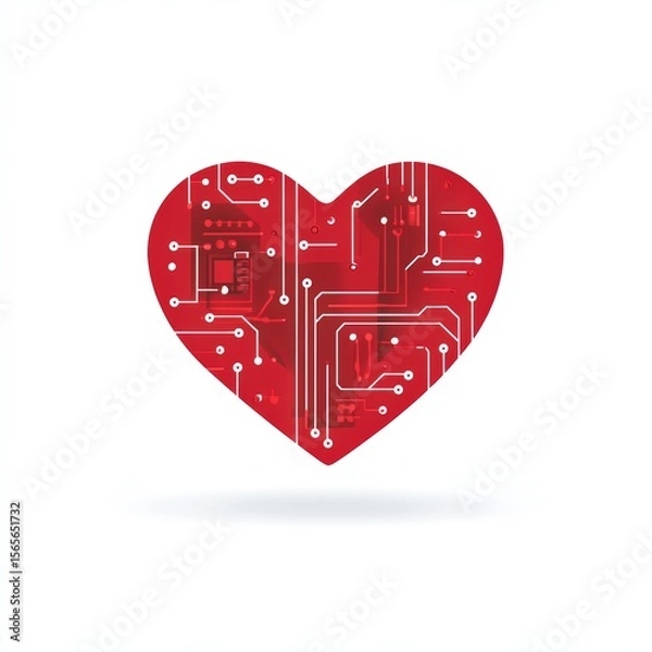 Fototapeta A red heart-shaped circuit board symbolizing the fusion of technology and emotion or digital love.