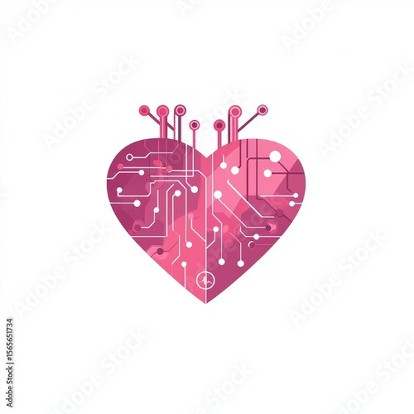 Fototapeta A stylized pink heart composed of circuit board patterns symbolizes the fusion of technology and emotion.