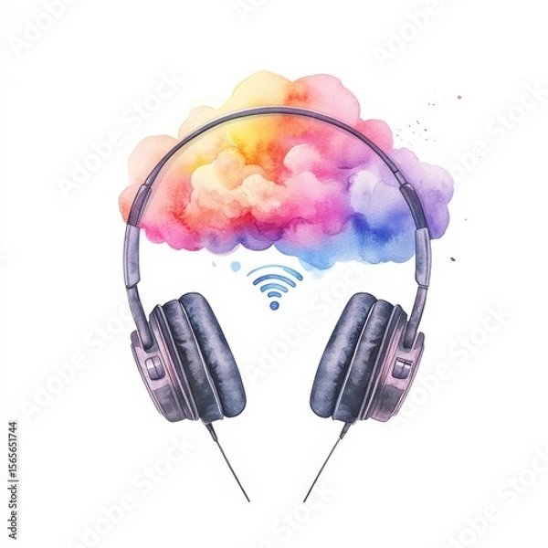 Fototapeta Headphones surround a colorful cloud with a Wi-Fi symbol, symbolizing wireless music, digital connectivity, and cloud-based audio streaming.