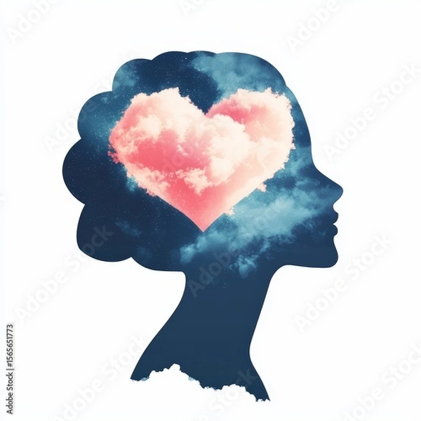 Fototapeta Silhouette of a woman's head filled with clouds and a glowing pink heart, symbolizing love, emotions, and imagination.