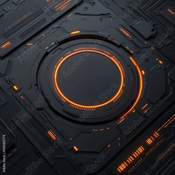 Fototapeta Futuristic black circuit board with glowing orange circular core and intricate patterns, showcasing advanced technology and digital design.