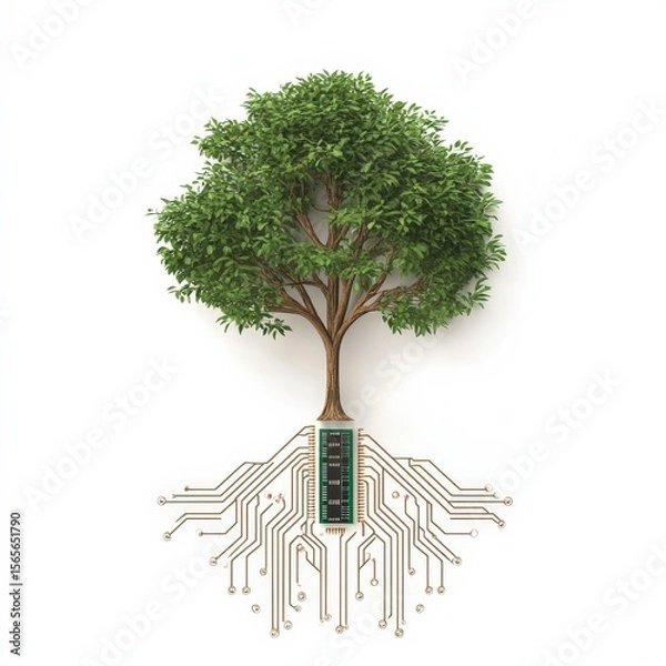 Fototapeta A green tree with circuitry roots connected to a microchip, symbolizing the fusion of nature and technology.