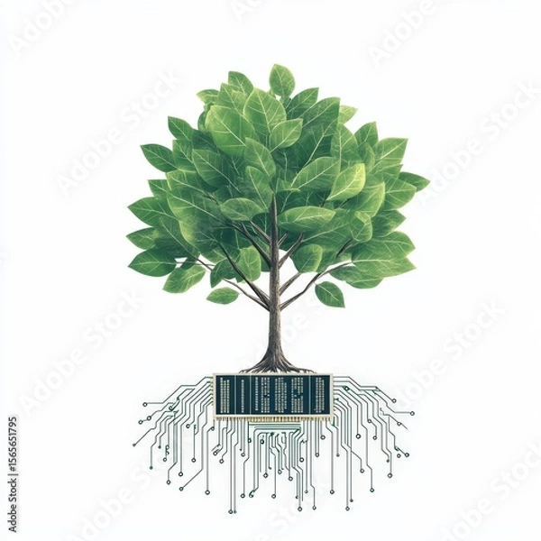 Fototapeta A digitally illustrated tree with vibrant green leaves grows from a circuit board, symbolizing the fusion of nature and technology.
