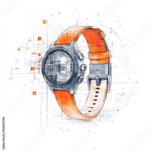 Fototapeta A detailed artistic sketch of a wristwatch with an orange strap, combining technical drawing elements and watercolor effects.