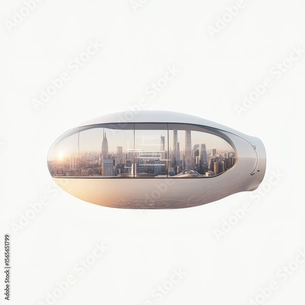 Fototapeta A futuristic, sleek, pod-like vehicle with clear sides reveals a modern cityscape inside, blending advanced transport design with urban architecture.
