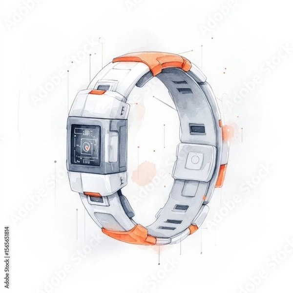 Fototapeta A futuristic smartwatch with a sleek white and orange design, featuring a digital display and a modern sporty band.