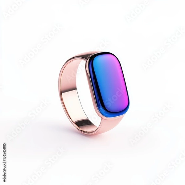 Fototapeta A sleek rose gold ring with a smooth, rounded rectangular face featuring a vibrant gradient of blue to purple hues.
