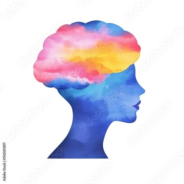 Fototapeta A watercolor silhouette of a human head filled with colorful clouds, symbolizing creativity, imagination, and mental processes.