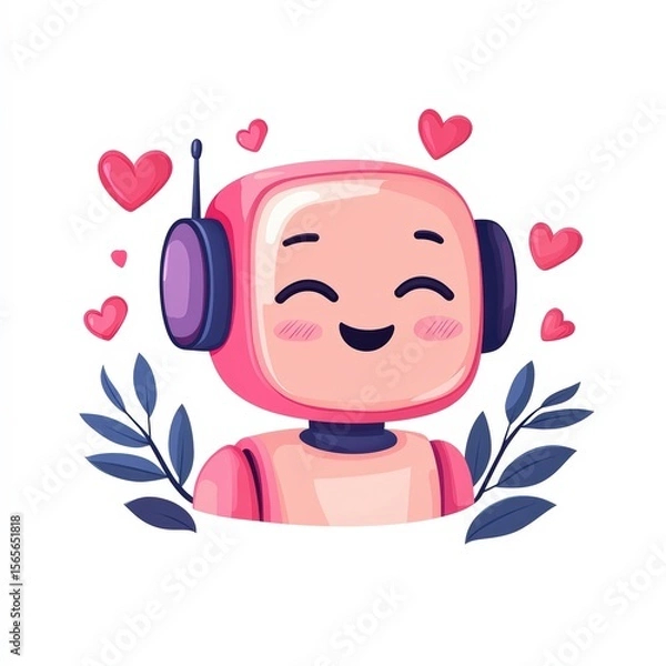 Fototapeta A cute pink robot with headphones smiles happily surrounded by hearts and blue leaves, conveying affection and joy.