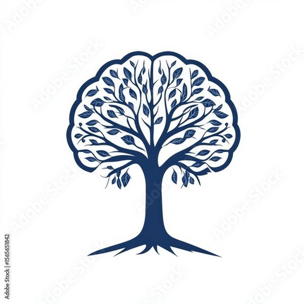 Fototapeta Stylized blue tree illustration with flowing branches and detailed leaves, featuring a symmetrical design on a white background