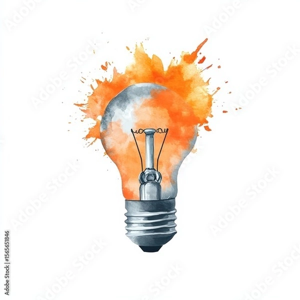 Fototapeta Watercolor illustration of a lightbulb with orange and gray tones and a vibrant paint splash effect, symbolizing creativity and inspiration on a white background