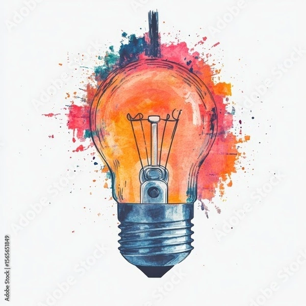 Fototapeta Watercolor illustration of a glowing lightbulb with multicolor paint splashes in red, orange, and blue tones, symbolizing creativity and inspiration on a white background