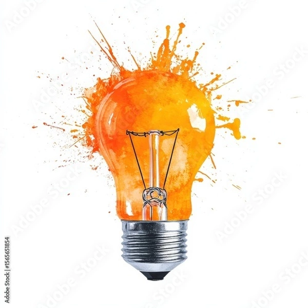 Fototapeta Illustration of a glowing orange lightbulb with vibrant watercolor paint splashes, symbolizing energy, creativity, and bright ideas on a white background

