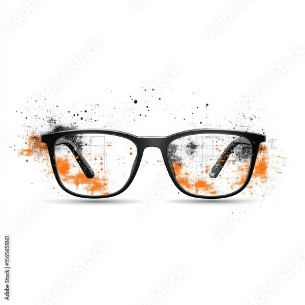 Fototapeta Black eyeglasses with artistic orange and black splatter effects and faint digital grid or blueprint patterns on the lenses, isolated on white background