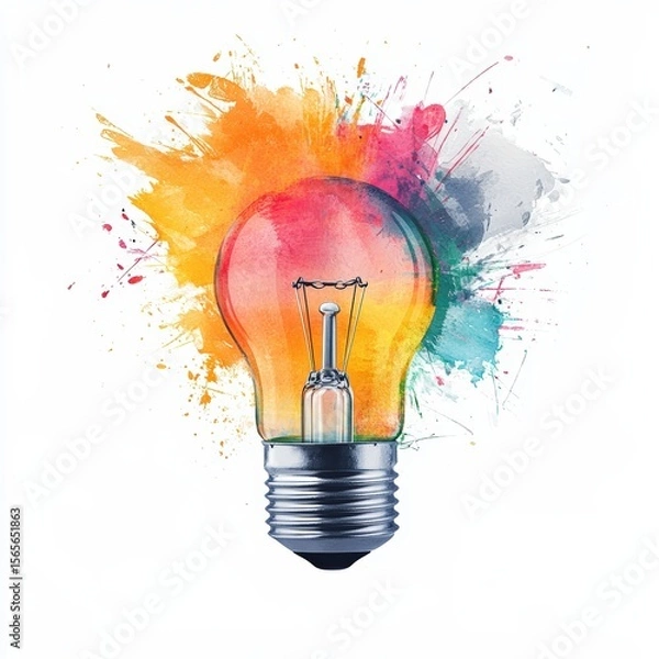 Fototapeta Lightbulb illustration with multicolored paint splashes in the background, symbolizing creativity, innovation, and bright ideas on a white backdrop