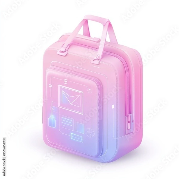 Fototapeta Futuristic pink and purple gradient backpack with holographic digital icons and user interface elements on a clean white background