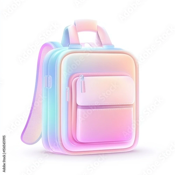 Fototapeta Stylish pastel gradient backpack in soft pink, blue, and peach tones with multiple compartments, isolated on white background

