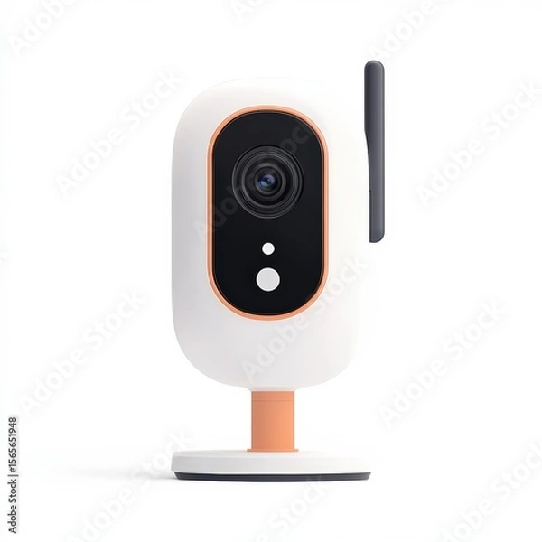 Fototapeta Modern smart indoor security camera with white and orange body, lens, LED indicators, and rear antenna on a white background

