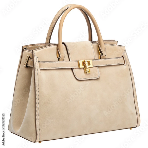 Fototapeta Elegant beige suede handbag with gold hardware and top handles on a black background