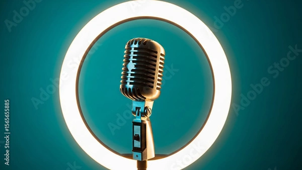 Fototapeta Professional Microphone Ring Light Setup  Studio Quality Audio Recording Podcasting Live Streaming Equipment