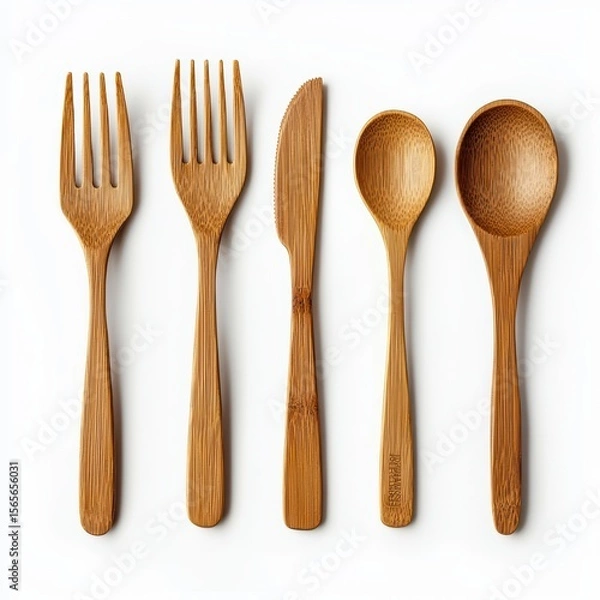 Fototapeta Set of five wooden kitchen utensils including two forks a knife and two spoons for cooking and serving