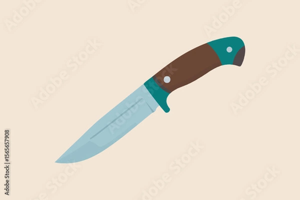 Fototapeta Flat Design Hunting Knife with Wooden and Teal Handle on Beige Background