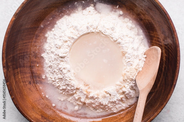 Obraz Overhead view of bread dough being mixed in a wooden bowl, top view of homemade bread dough in a mixing bowl, process of making artisan bread