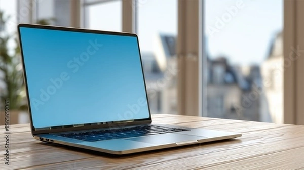 Obraz Modern laptop mockup with blank screen on wooden desk with natural window light and shadows, perfect for showcasing websites, apps, and digital content