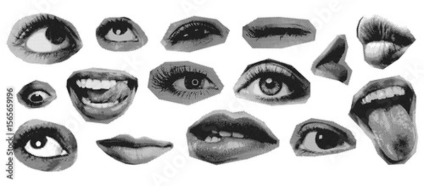 Fototapeta Pop art collage of expressive eyes and mouths in halftone black and white. Perfect for surreal, bold, and retro-inspired creative compositions.