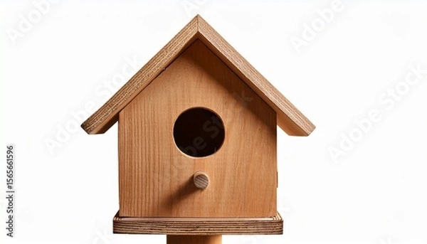 Fototapeta a wooden birdhouse with an open door is isolated on a empty background