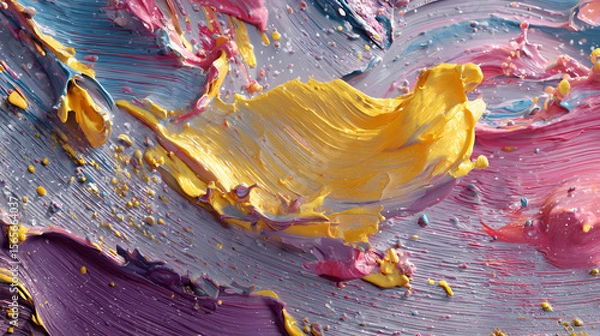 Fototapeta A vibrant close-up of thick, textured impasto paint strokes in yellow, pink, and purple, creating an abstract artistic background.