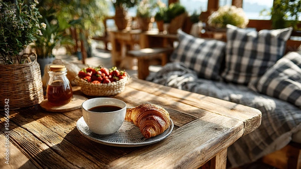 Fototapeta A charming breakfast setup with coffee, a croissant, and fresh strawberries.