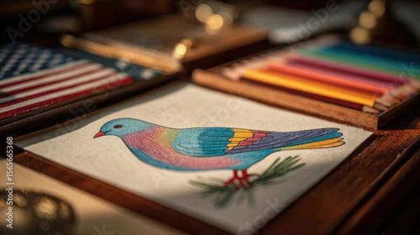 Fototapeta The vibrant drawing of a bird is resting on a wooden surface with colored pencils and a notebook.
