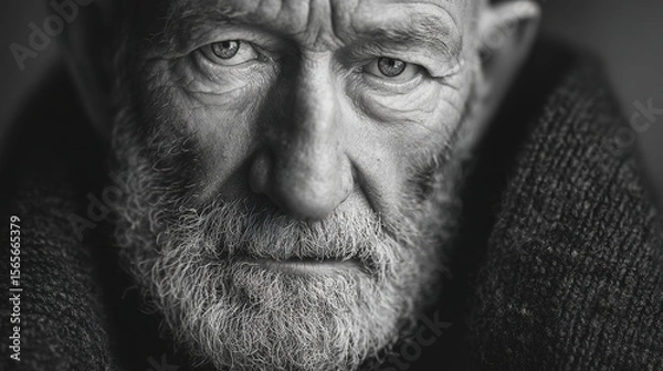 Fototapeta A black and white portrait captures an old man's pensive expression and intense gaze.