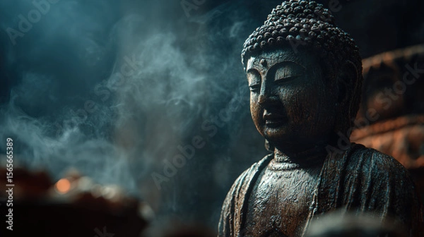 Fototapeta Buddha statue in serene meditation, surrounded by ethereal smoke, evoking tranquility.