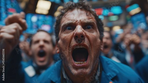 Fototapeta A group of intense stock traders react on the trading floor, showing market volatility.