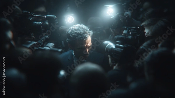 Fototapeta Man in a suit facing cameras and lights during a media press conference.