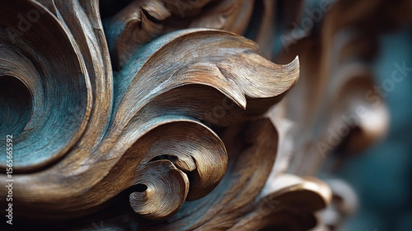 Fototapeta Intricate wooden carving displays artistic detail and textured surface, close-up.
