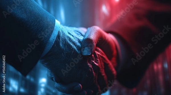 Fototapeta Dramatic lighting highlights a handshake, symbolizing collaboration and a successful partnership.