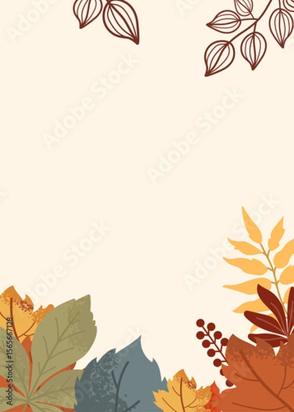 Fototapeta Thematic template surrounded by colorful autumn leaves on a warm beige background.  Ideal for fall-themed events.