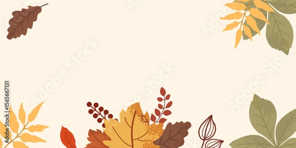 Fototapeta Vibrant autumn leaves in various colors surround the edges of the banner, creating a cozy atmosphere perfect for seasonal promotions or celebrations. Ideal for fall-themed events.
