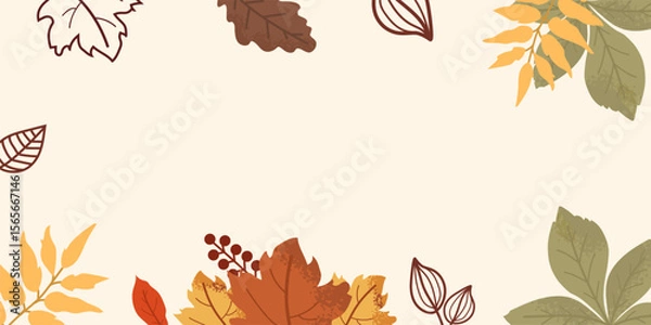 Fototapeta Vibrant autumn leaves in various colors surround the edges of the banner, creating a cozy atmosphere perfect for seasonal promotions or celebrations. Ideal for fall-themed events.