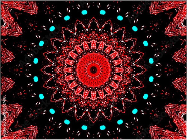 Fototapeta A vibrant, symmetrical pattern in red and black features scattered colorful dots across the design. The interplay of colors and shapes creates a dynamic, abstract visual effect.