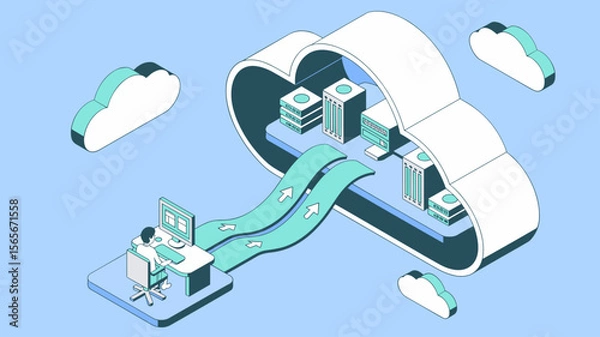 Fototapeta it specialist migrating data from desktop to cloud servers, isometric vector illustration for cloud computing, data migration and digital transformation