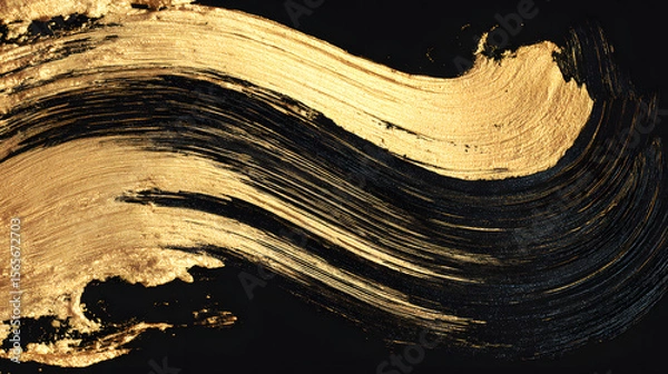 Fototapeta Abstract golden brushstrokes on a black background, creating a dynamic and textured artistic composition.
