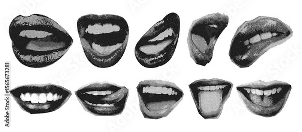 Fototapeta lips halftone set in various expressions black and white. Ideal for pop art, fashion, and modern graphic design projects.