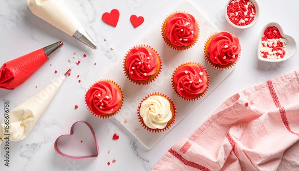 Fototapeta Valentine’s Day Cupcakes with Heart Sprinkles and Red Icing